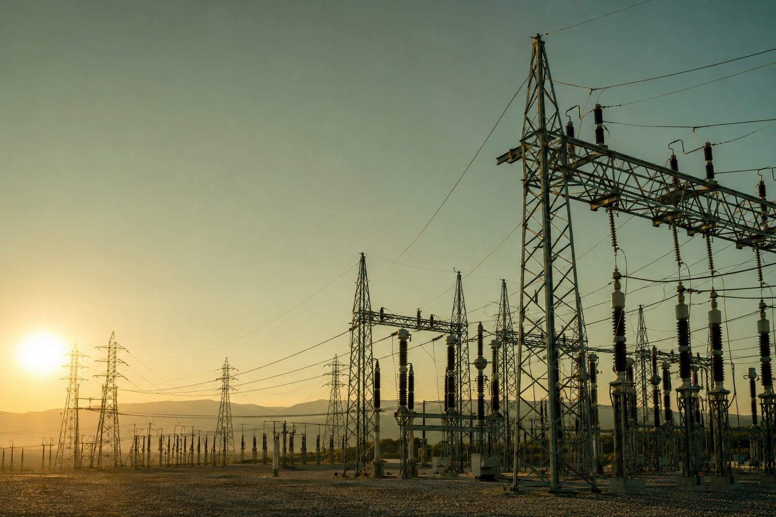 Subestação elétrica ao entardecer — instalação industrial